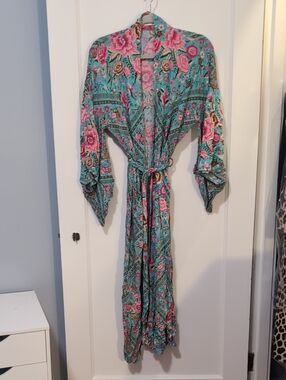 Spell Og Babushka Kimono Turquoise Floral Robe with Pink Rose and Bird Print
